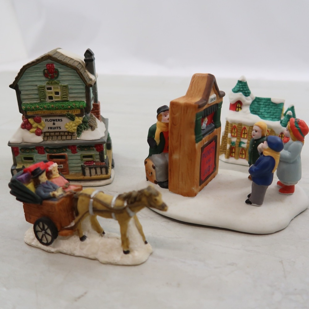 Christmas Village Figurines Lot of 5 Church Building Flowers Horse Carriage Show